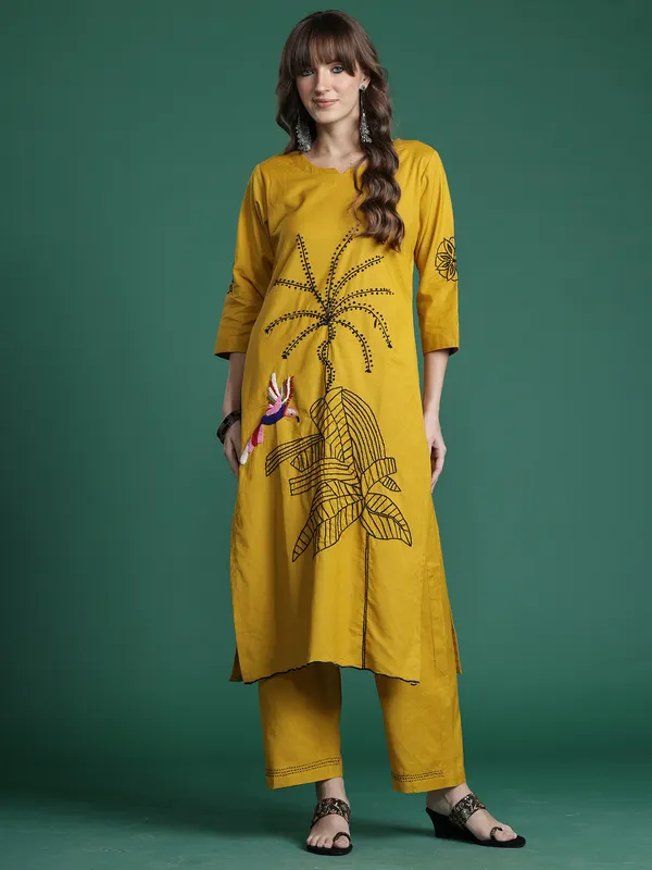 Mustard_Embroidered_Pure_Cotton_Kurta_Trouser_Set