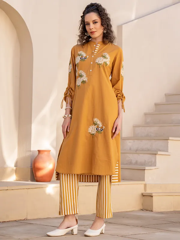 Mustard_Embroidered_Pure_Cotton_Kurta_Trouser_Set