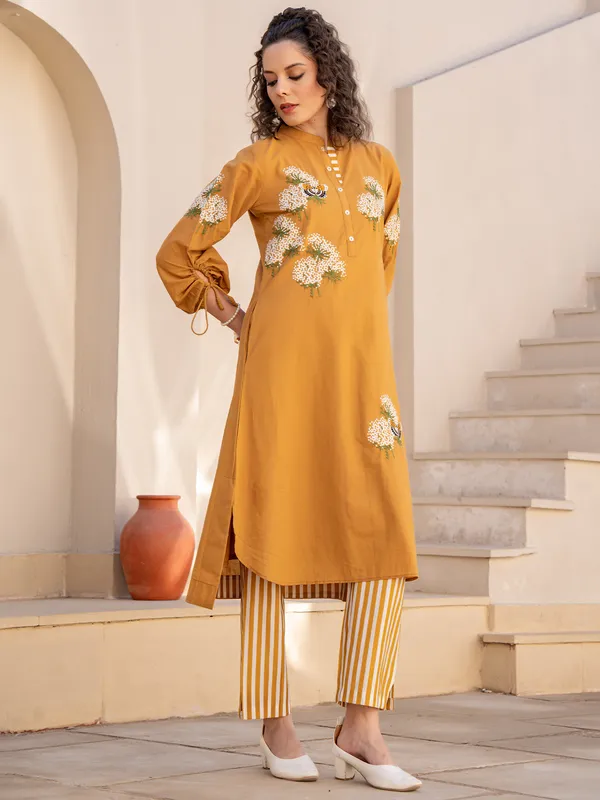 Mustard_Embroidered_Pure_Cotton_Kurta_Trouser_Set