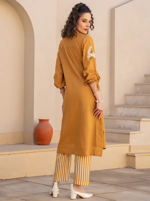 Mustard_Embroidered_Pure_Cotton_Kurta_Trouser_Set