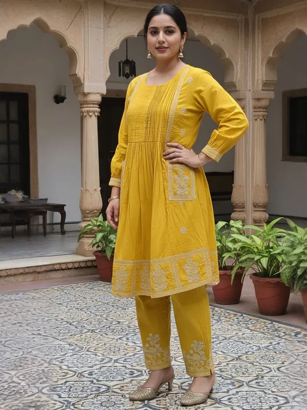 Mustard_Embroidered_Pure_Cotton_Kurta_Trouser_Set