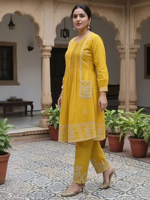 Mustard_Embroidered_Pure_Cotton_Kurta_Trouser_Set