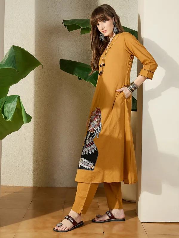 Mustard_Embroidered_Pure_Cotton_Kurta_Trouser_Set