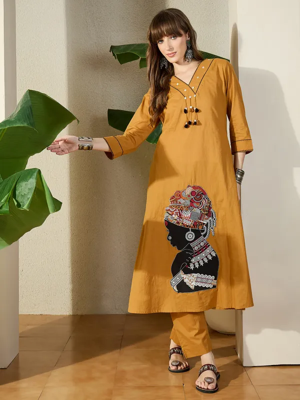 Mustard_Embroidered_Pure_Cotton_Kurta_Trouser_Set
