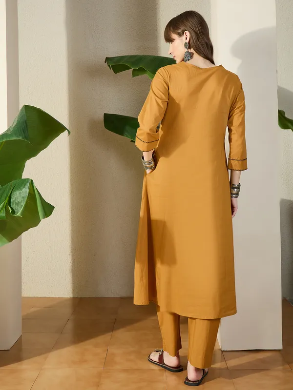 Mustard_Embroidered_Pure_Cotton_Kurta_Trouser_Set