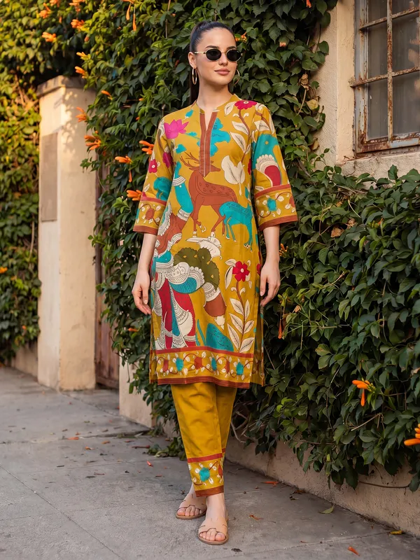 Mustard_Printed_Pure_Cotton_Kurta_Trouser_Set