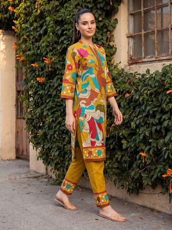 Mustard_Printed_Pure_Cotton_Kurta_Trouser_Set