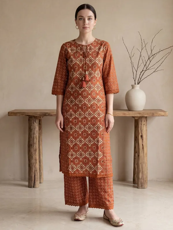 Mustard_Printed_Pure_Cotton_Kurta_Trouser_Set