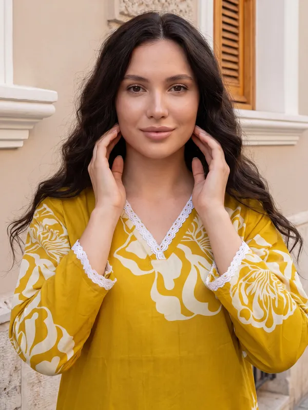 Mustard_Printed_Pure_Cotton_Kurta_Trouser_Set