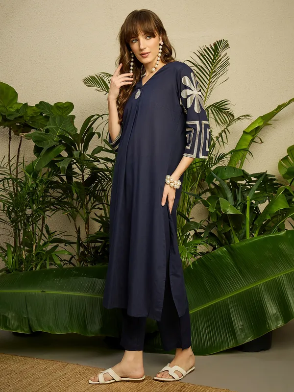 Navy_Blue_Embroidered_Pure_Cotton_Kurta_Trouser_Set