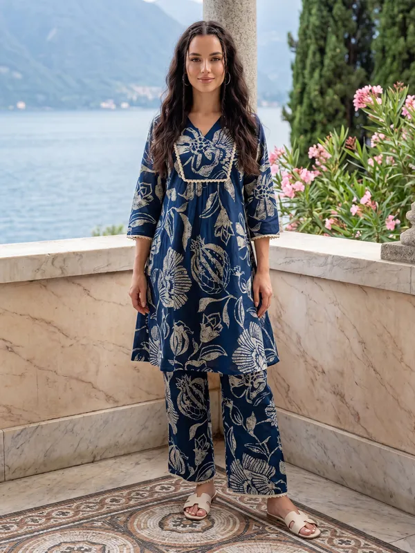 Navy_Blue_Printed_Pure_Cotton_Kurta_Trouser_Set