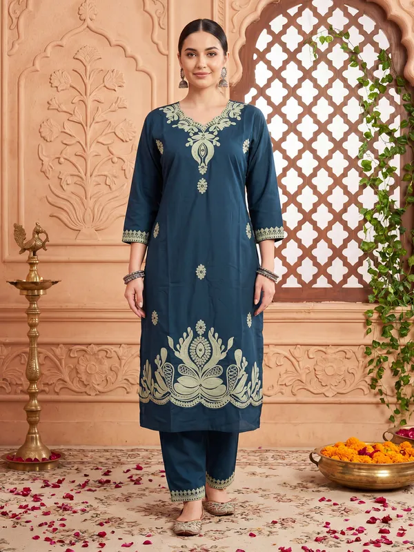 Navy_Blue_Printed_Pure_Cotton_Kurta_Trouser_Set