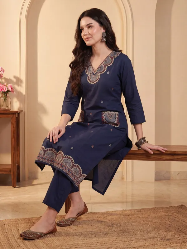 Navy_Blue_Printed_Pure_Cotton_Kurta_Trouser_Set