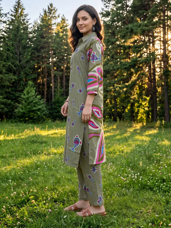 Olive_Printed_Pure_Cotton_Kurta_Trouser_Set