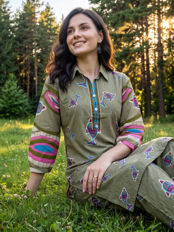 Olive_Printed_Pure_Cotton_Kurta_Trouser_Set