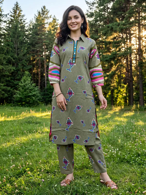 Olive_Printed_Pure_Cotton_Kurta_Trouser_Set