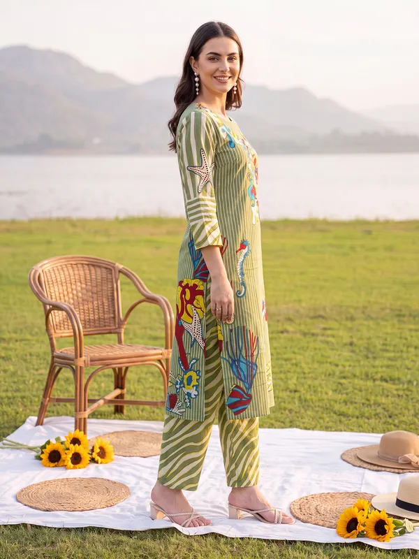 Olive_Printed_Pure_Cotton_Kurta_Trouser_Set