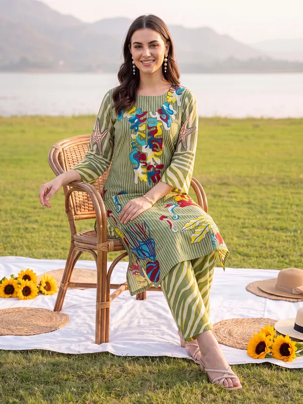 Olive_Printed_Pure_Cotton_Kurta_Trouser_Set