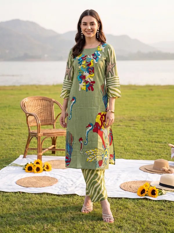 Olive_Printed_Pure_Cotton_Kurta_Trouser_Set