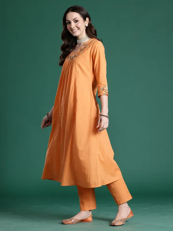 Orange_Embroidered_Pure_Cotton_Kurta_Trouser_Set