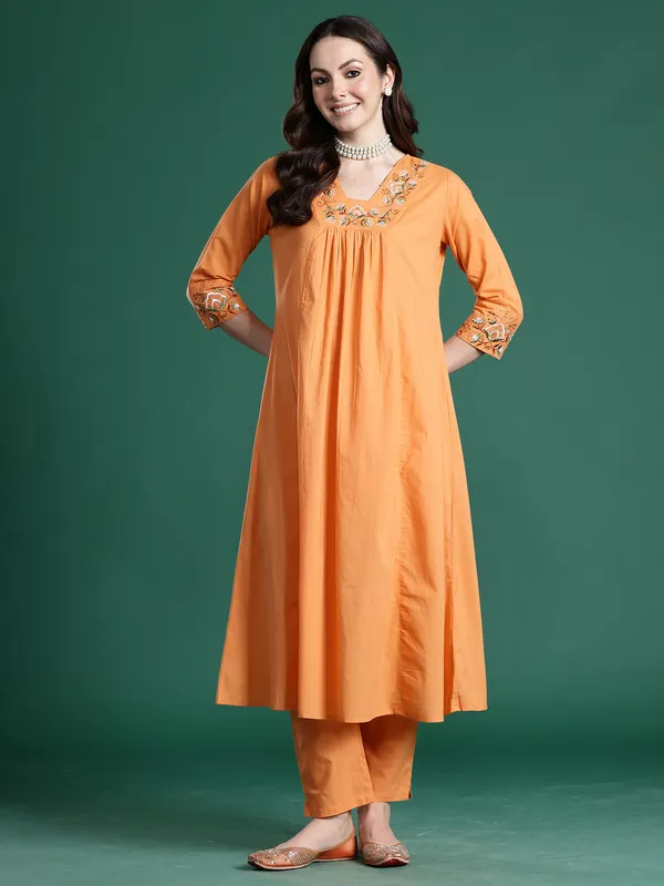 Orange_Embroidered_Pure_Cotton_Kurta_Trouser_Set