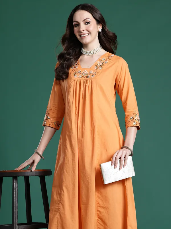 Orange_Embroidered_Pure_Cotton_Kurta_Trouser_Set
