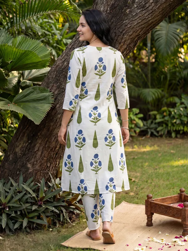 White_Printed_Pure_Cotton_Kurta_Trouser_Set