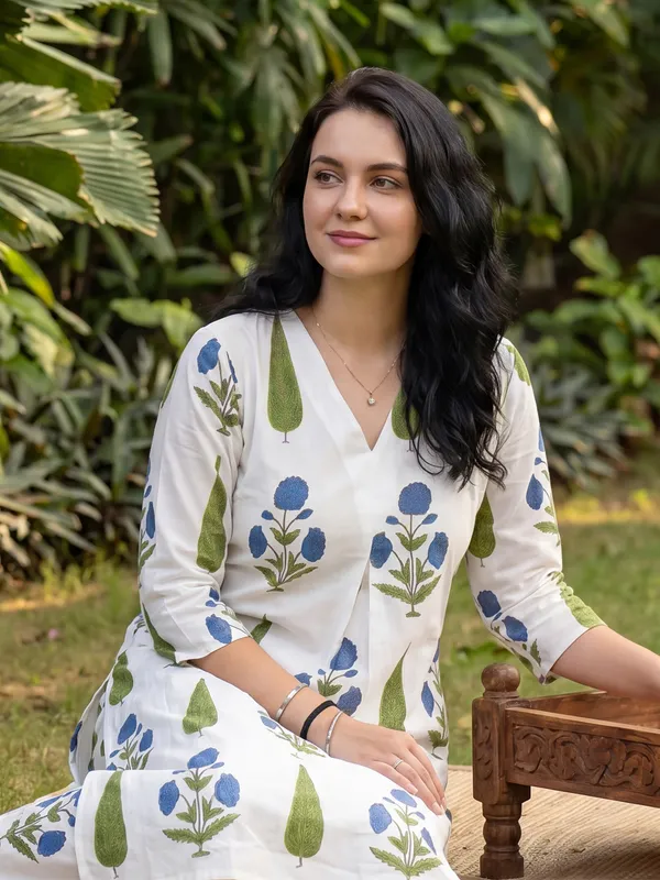 White_Printed_Pure_Cotton_Kurta_Trouser_Set