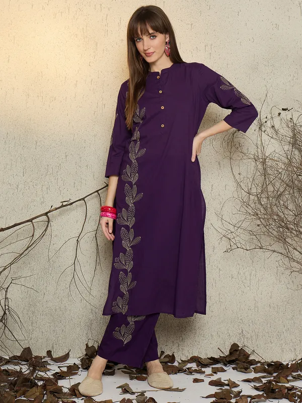 Purple_Embroidered_Pure_Cotton_Kurta_Trouser_Set