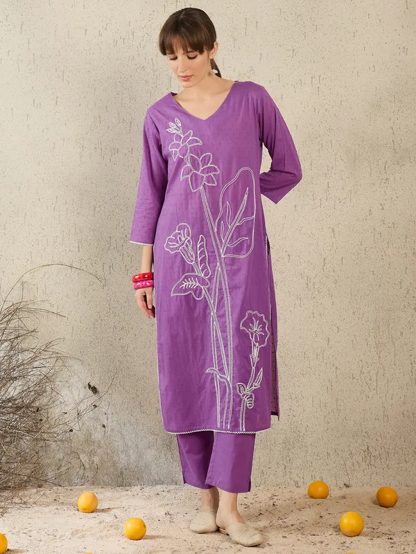 Purple_Embroidered_Pure_Cotton_Kurta_Trouser_Set