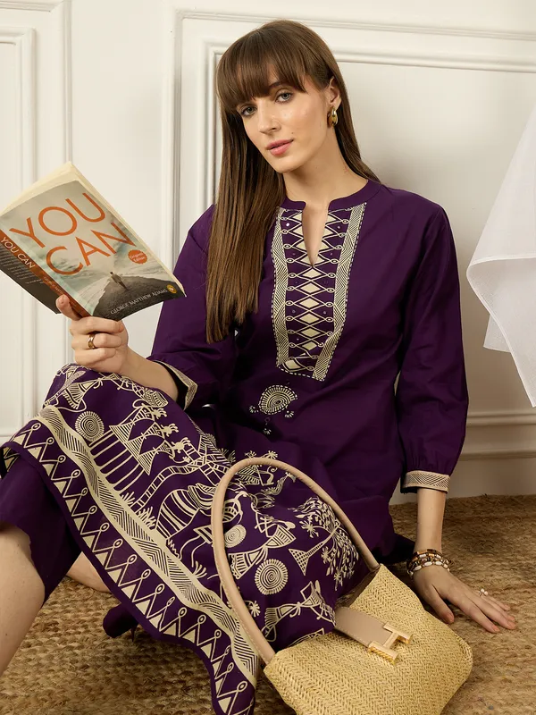 Purple_Printed_Pure_Cotton_Kurta_Trouser_Set