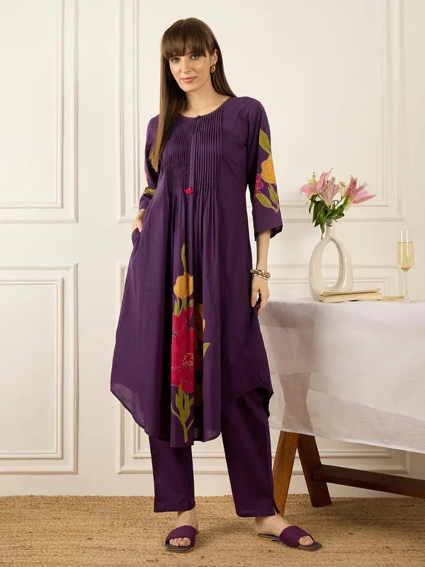 Purple_Cotton_A-Line_Kurta_with_Trousers