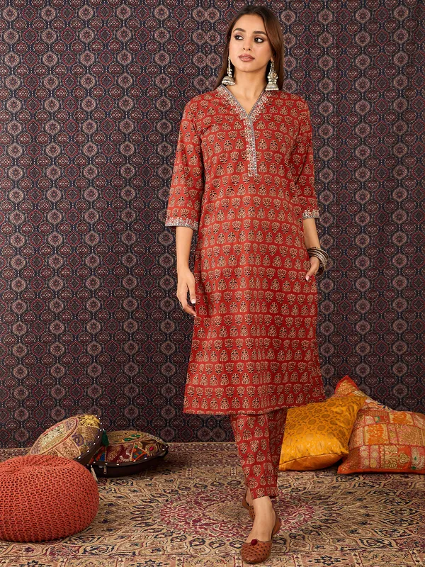 Red_Printed_Pure_Cotton_Kurta_Trouser_Set