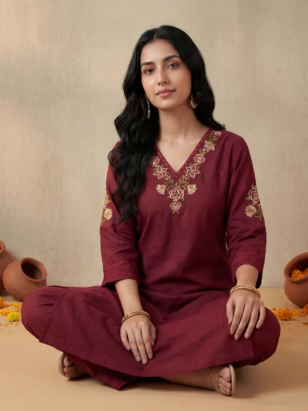 Red_Embroidered_Pure_Cotton_Kurta_Trouser_Set