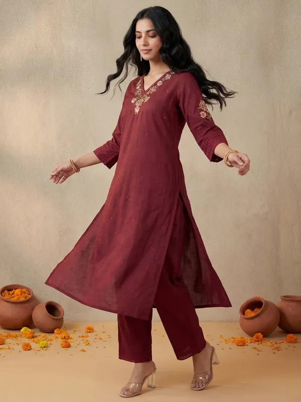 Red_Embroidered_Pure_Cotton_Kurta_Trouser_Set