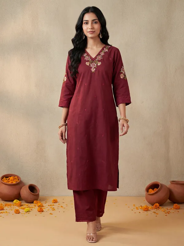 Red_Embroidered_Pure_Cotton_Kurta_Trouser_Set