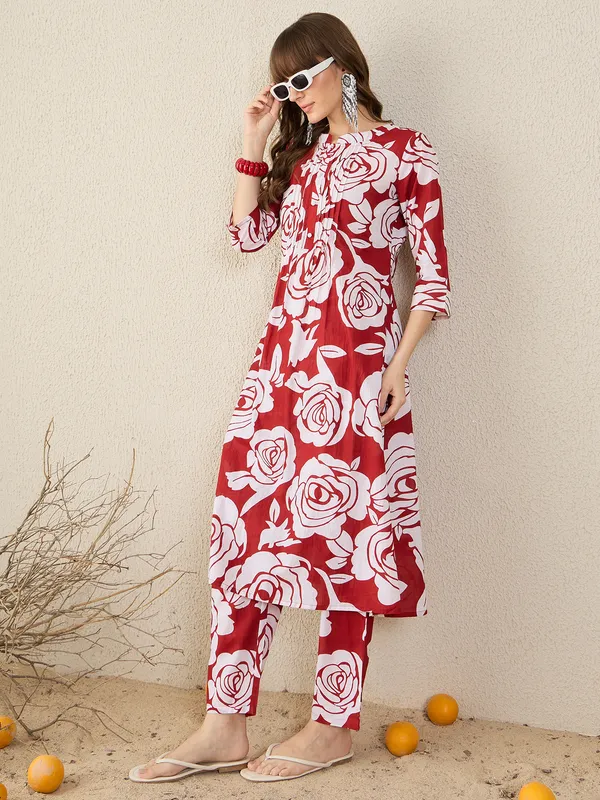Red_Printed_Pure_Cotton_Kurta_Trouser_Set