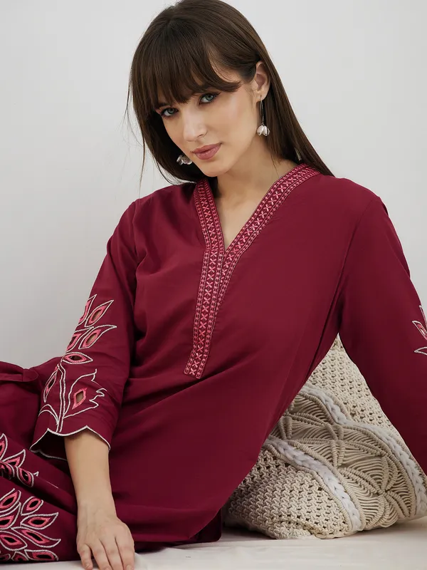 Red_Embroidered_Pure_Cotton_Kurta_Trouser_Set