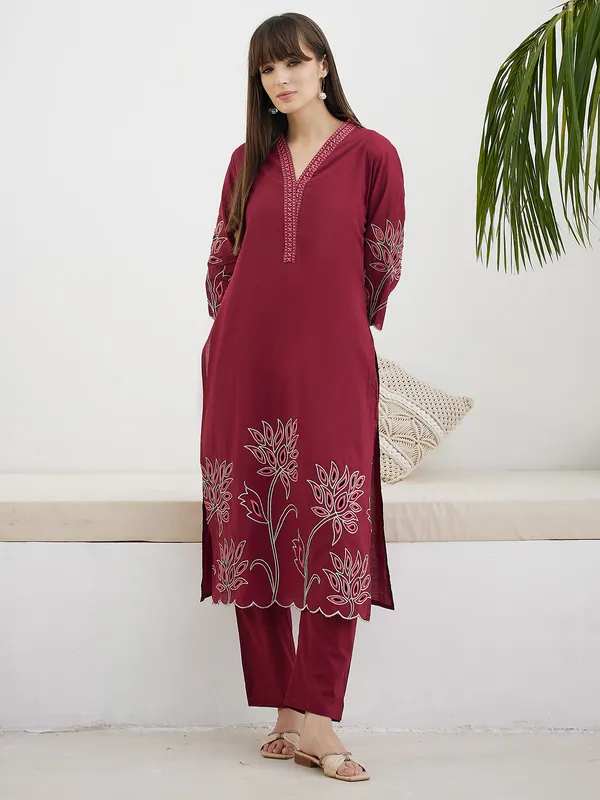 Red_Embroidered_Pure_Cotton_Kurta_Trouser_Set
