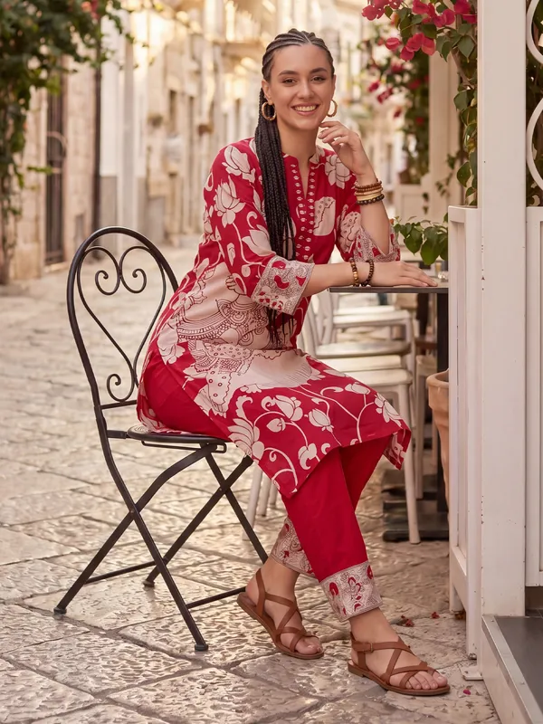 Red_Printed_Pure_Cotton_Kurta_Trouser_Set