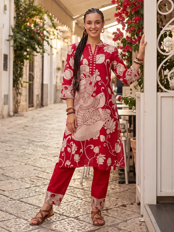Red_Printed_Pure_Cotton_Kurta_Trouser_Set