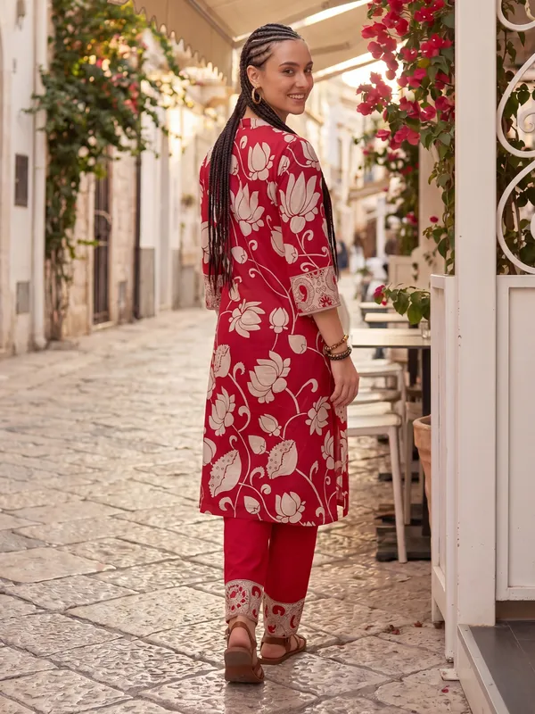 Red_Printed_Pure_Cotton_Kurta_Trouser_Set