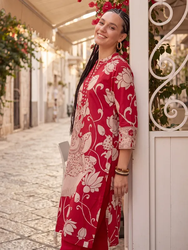 Red_Printed_Pure_Cotton_Kurta_Trouser_Set