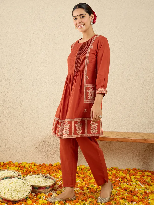 Orange_Embroidered_Pure_Cotton_Kurta_Trouser_Set