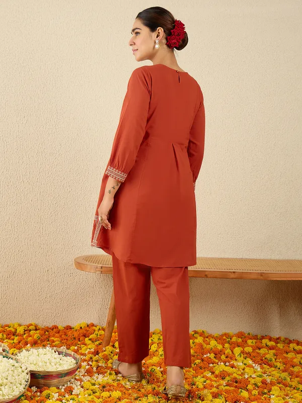 Orange_Embroidered_Pure_Cotton_Kurta_Trouser_Set
