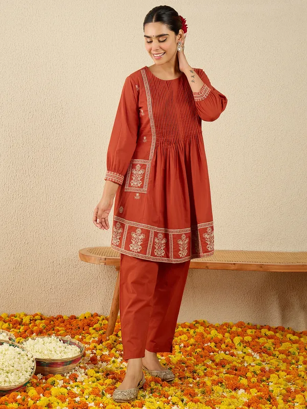 Orange_Embroidered_Pure_Cotton_Kurta_Trouser_Set