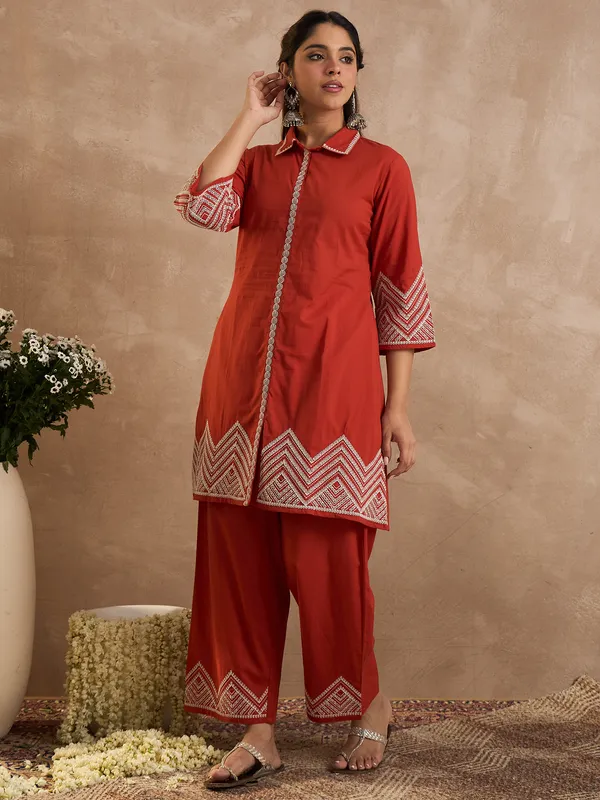 Rust_Cotton_A-Line_Kurta_with_Palazzos