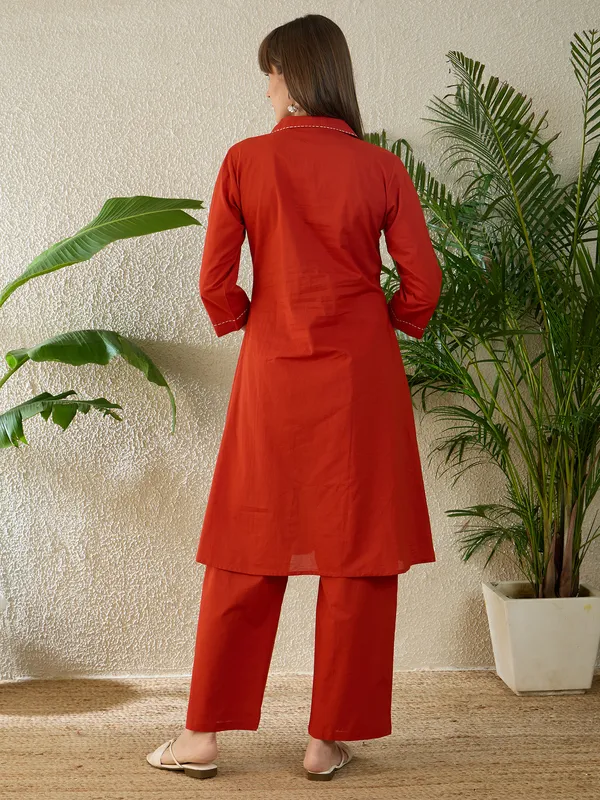 Orange_Embroidered_Pure_Cotton_Kurta_Trouser_Set