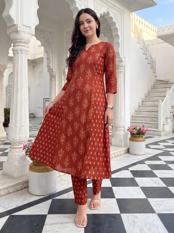 Orange_Printed_Pure_Cotton_Kurta_Trouser_Set