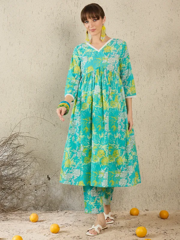 Sea_Green_Cotton_A-Line_Kurta_with_Trousers